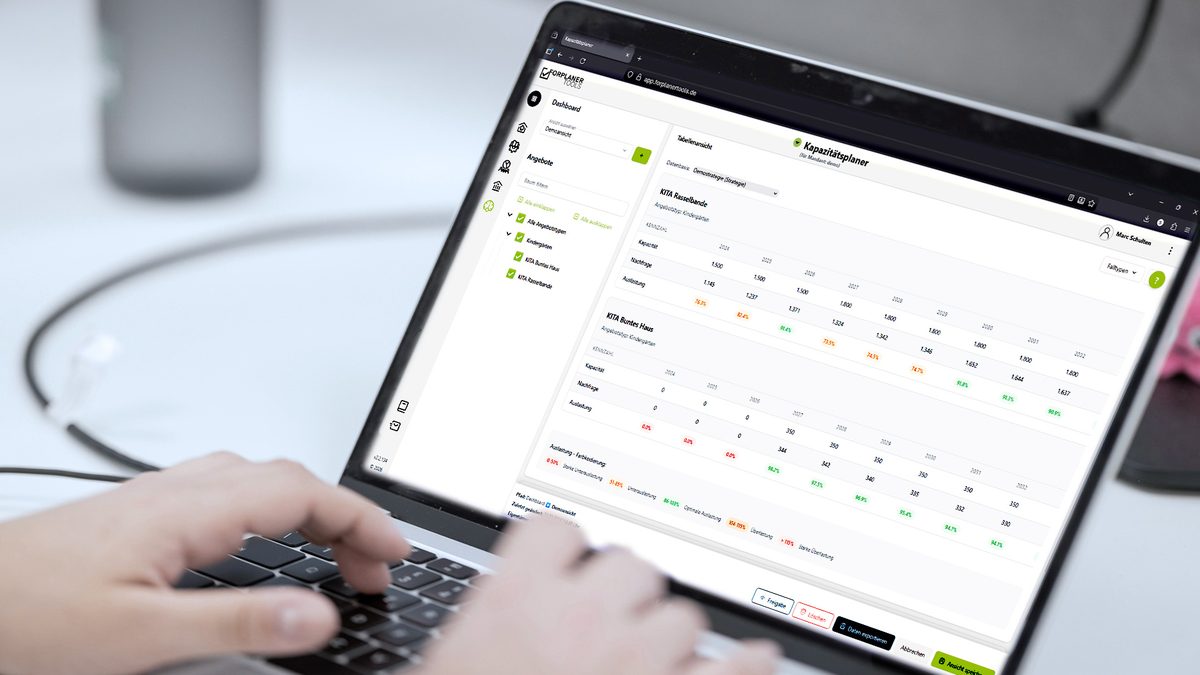 Screenshot des KapazitätsPlaners: Bedarfe für Kita, Schule und Pflege auf einen Blick
